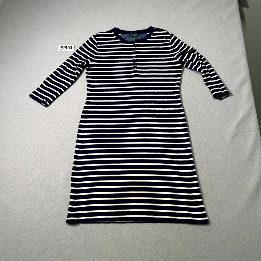 Lauren Ralph Lauren Henley Sweater Dress Womens Medium Navy White Striped Cotton